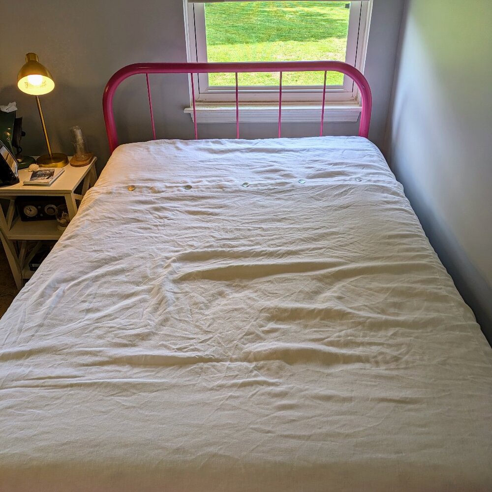 Pottery Barn linen duvet cover with mother-of-pearl buttons